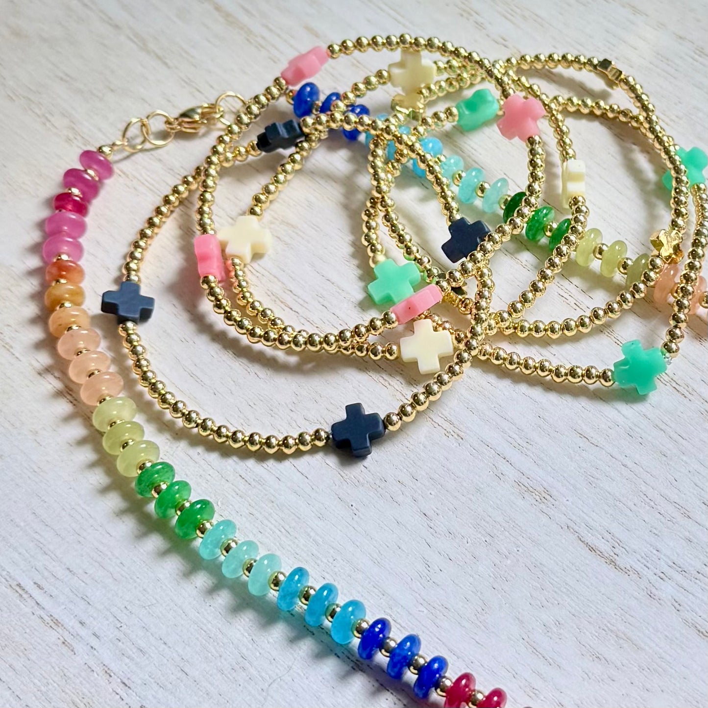 Gold-Filled Beaded Bracelet w/ Gold Crosses