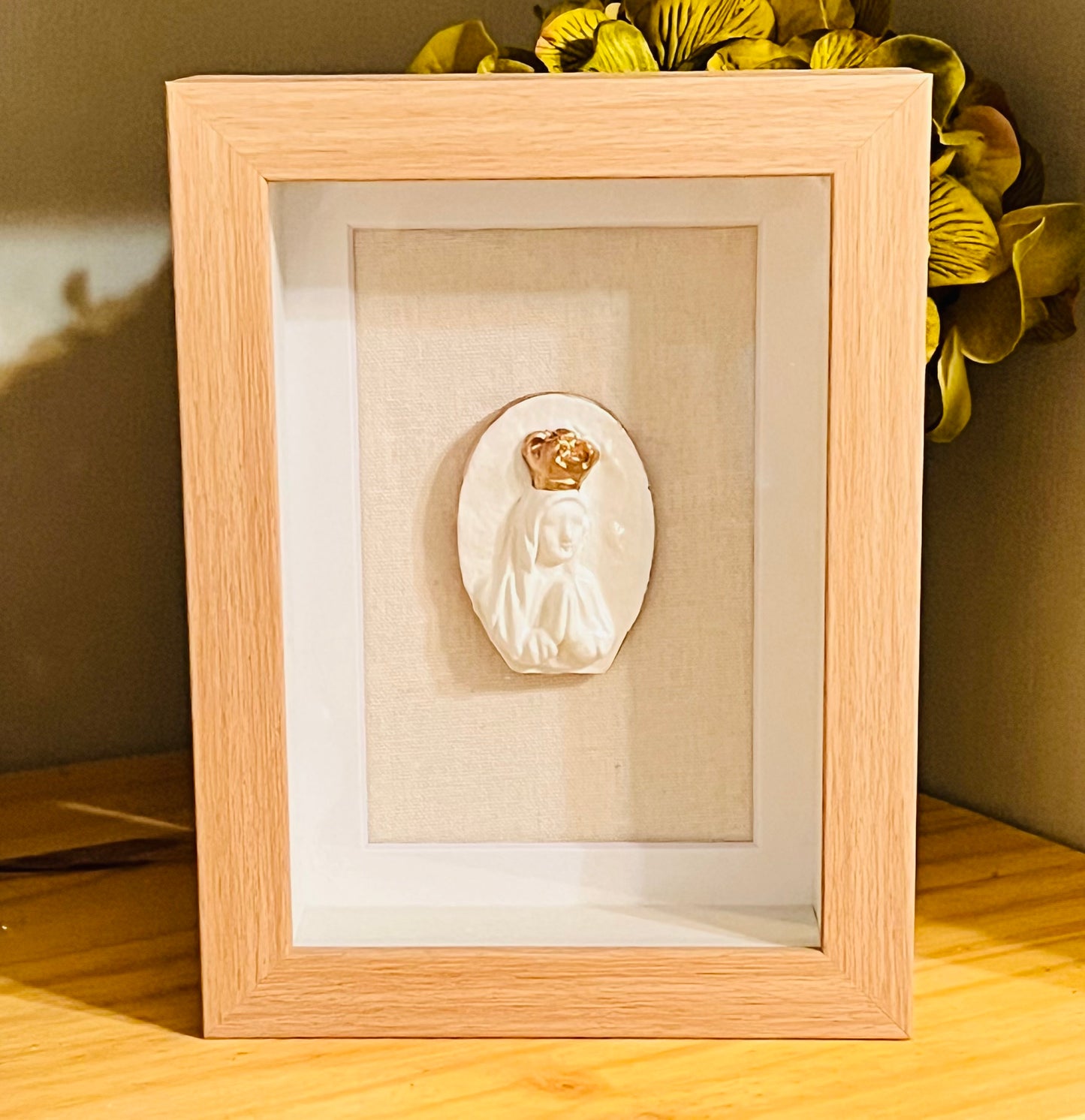 Holy Mother Intaglio in 5x7 Natural Wood Shadow Box