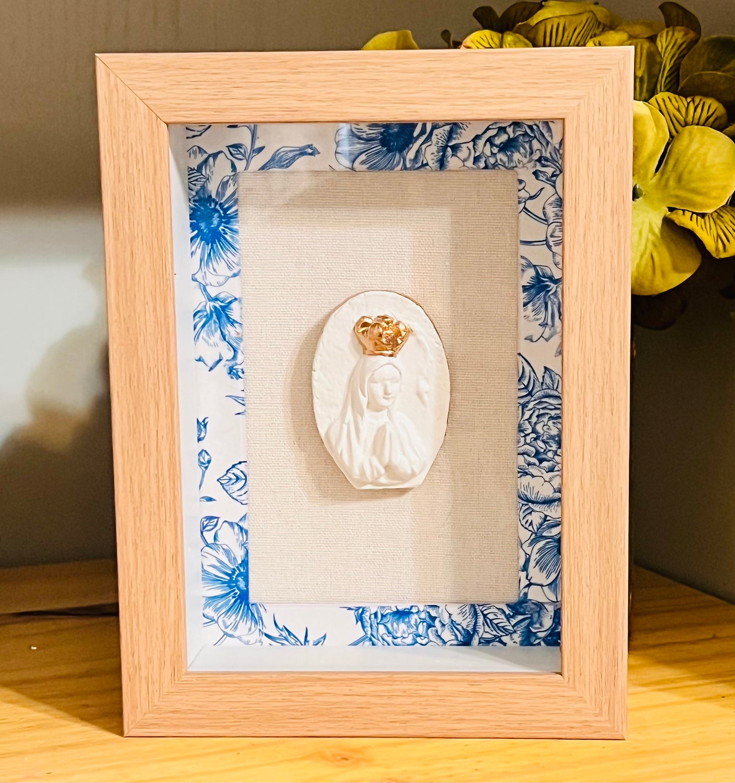 Holy Mother Intaglio Showcased in a 5x7 Natural Wood Shadow Box