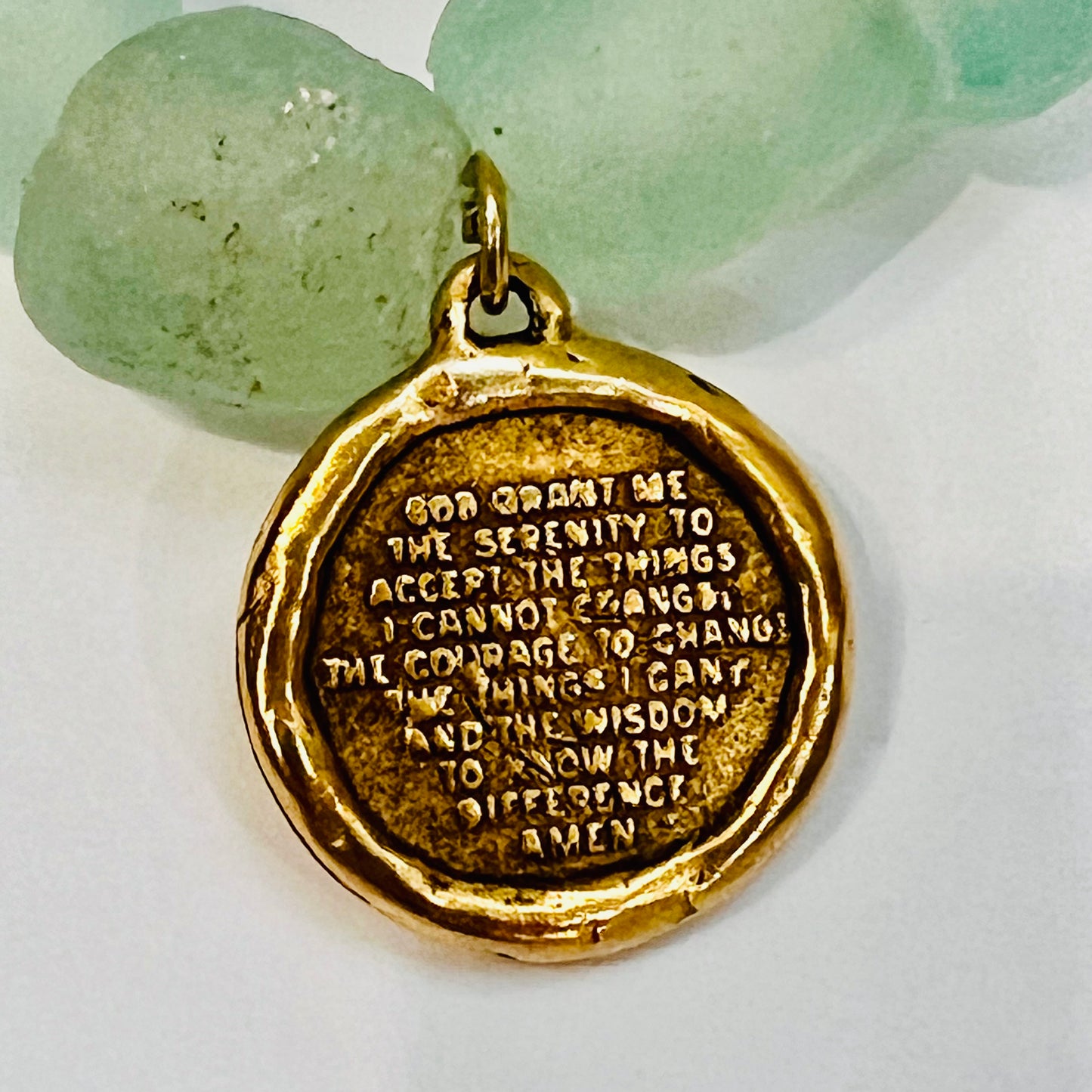 Sea Green Sea Glass & 12k Antiqued Gold Serenity Prayer Medal