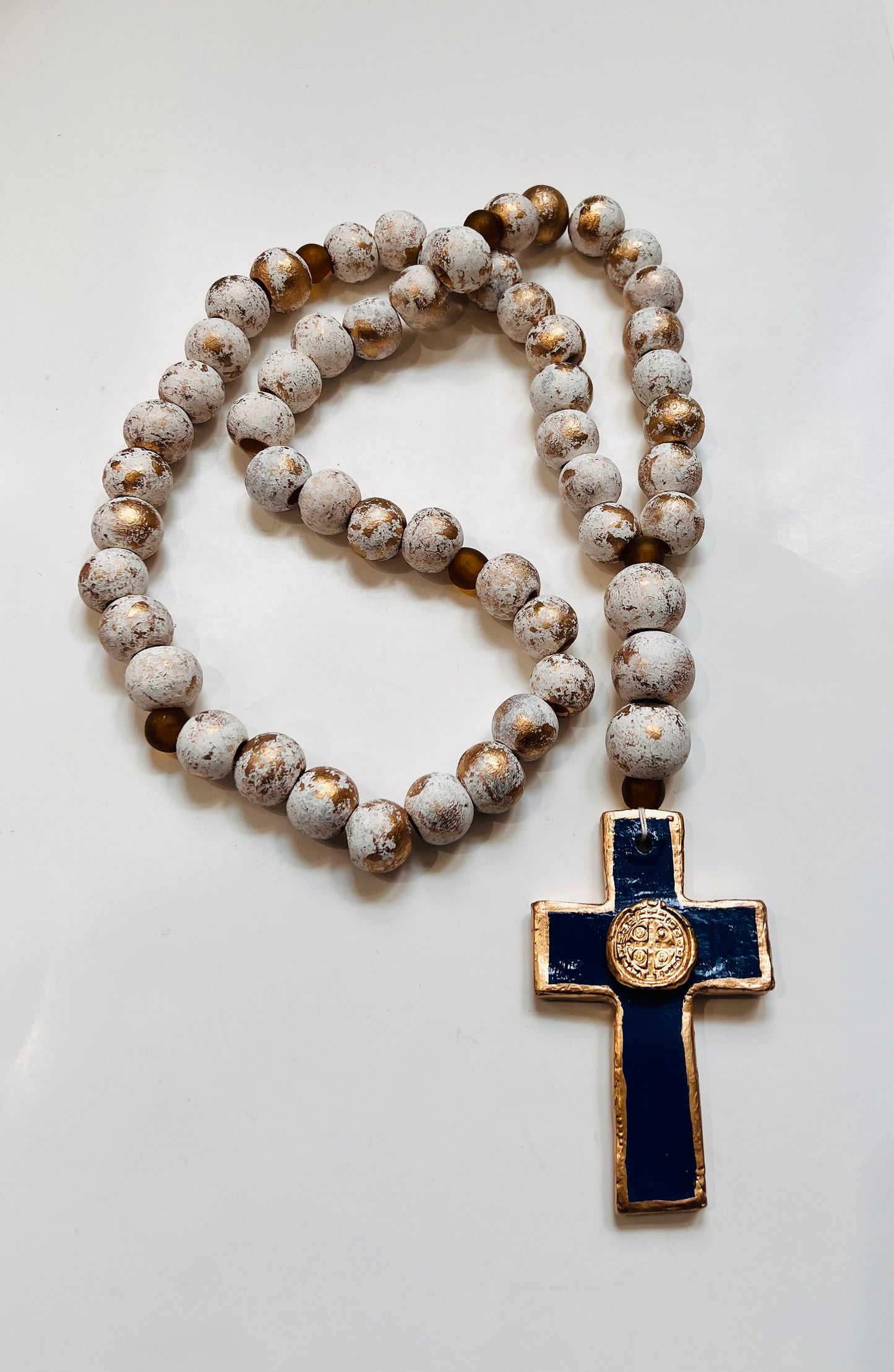 Handmade Clay and Wooden Rosary w/ St. Benedict Medal