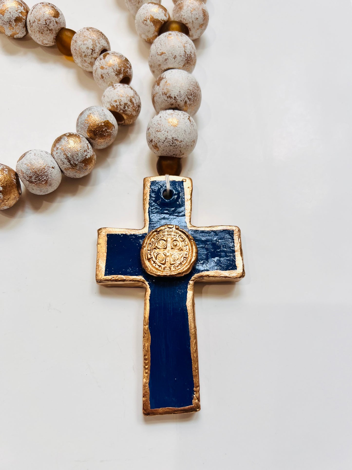 Handmade Clay and Wooden Rosary w/ St. Benedict Medal