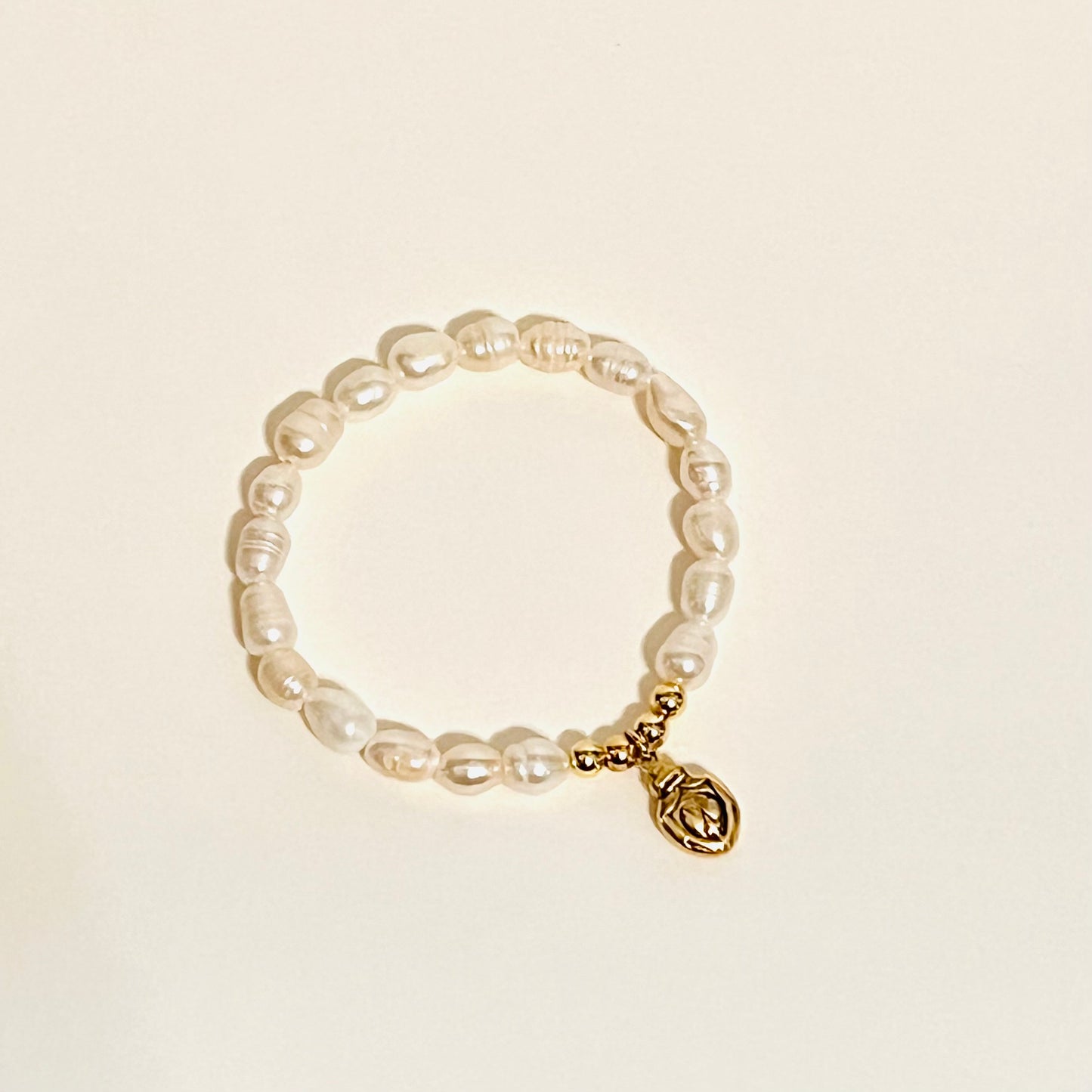 Rice Pearl Bracelet w/ 5mm Gold Filled Beads & Antiqued Sacred Heart Medal