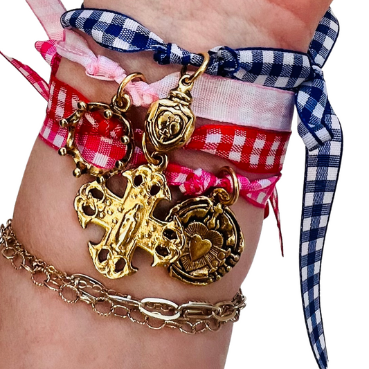 Antiqued Gold Mary Cross Ribbon Bracelet