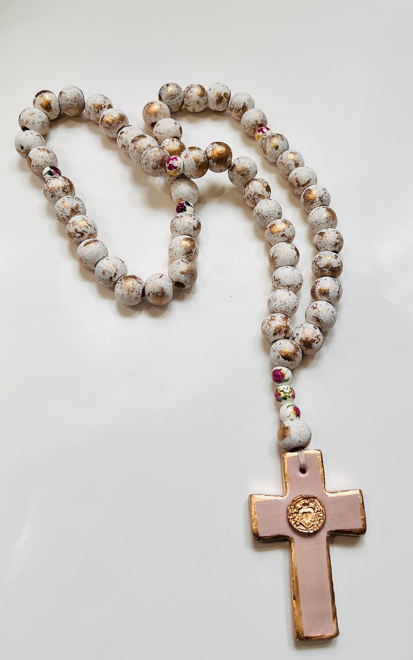 Handmade Clay and Wooden Rosary w/ Scared Heart Medal