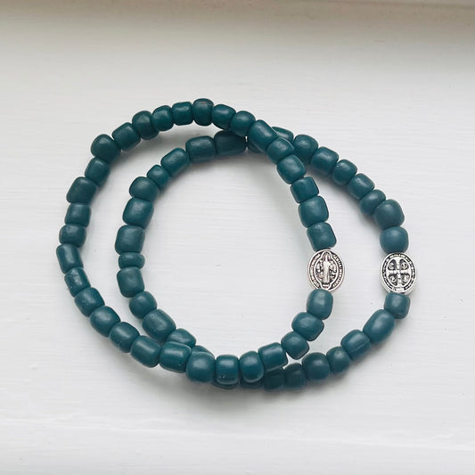 Turquoise African Sandcast Bead Bracelet With St. Benedict Medal