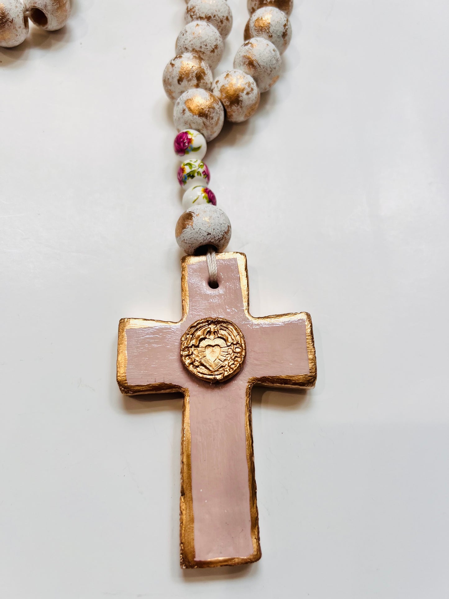 Handmade Clay and Wooden Rosary w/ Scared Heart Medal