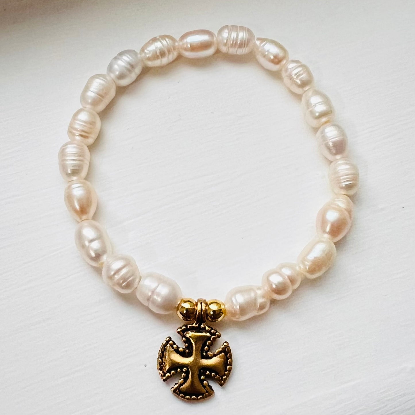 18 K Gold Filled Beaded & Pearl Bracelet, with Maltese Cross