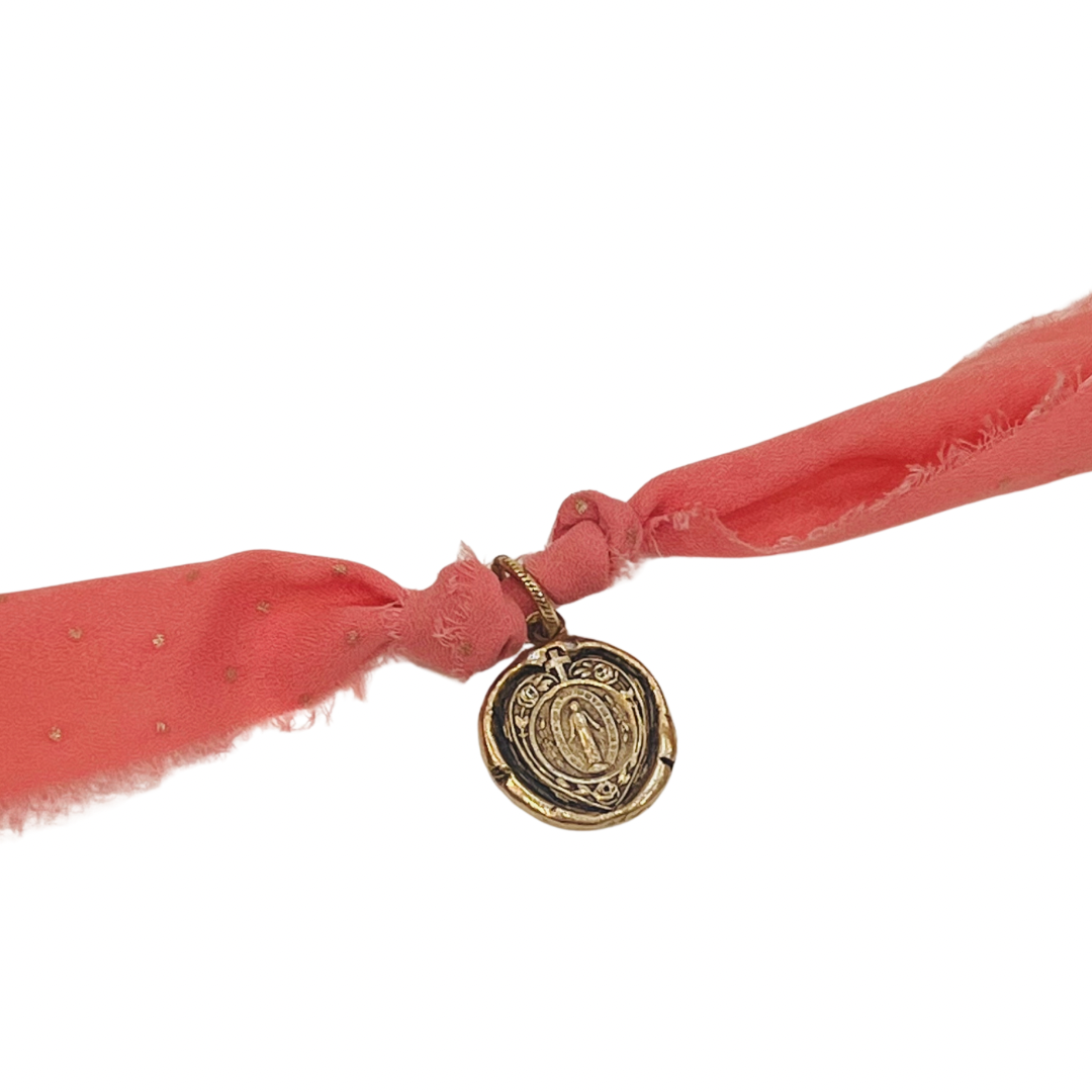 Antiqued Gold Mary Medal Ribbon Bracelet