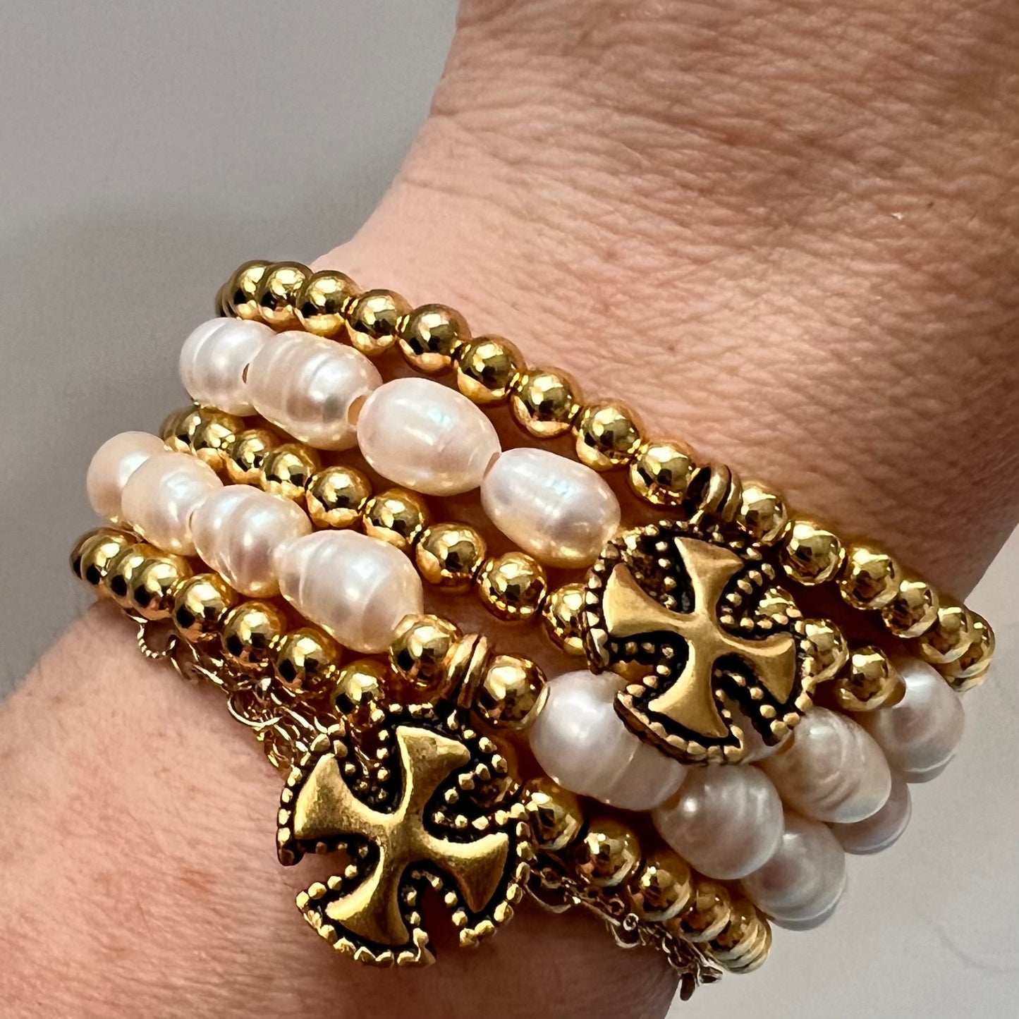 18 K Gold Filled Beaded Bracelet, with Maltese Cross