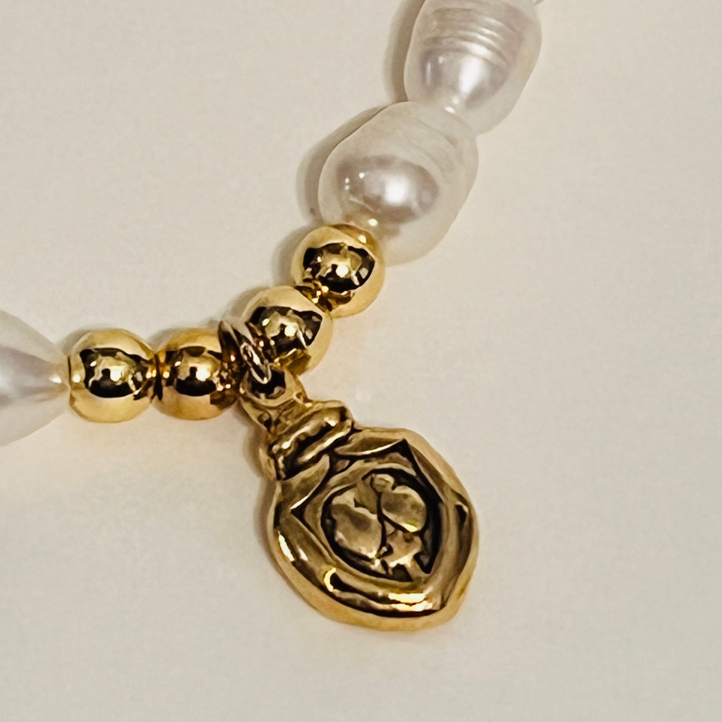 Rice Pearl Bracelet w/ 5mm Gold Filled Beads & Antiqued Sacred Heart Medal