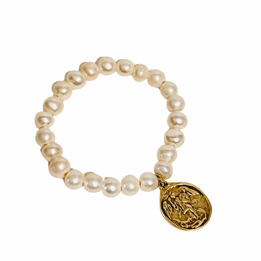 Pearl Bracelet w/ Antiqued St. Michael’s Medal