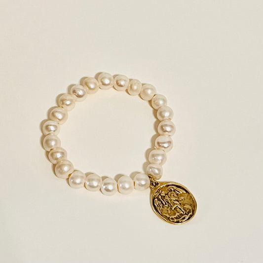 Pearl Bracelet w/ Antiqued St. Michael’s Medal