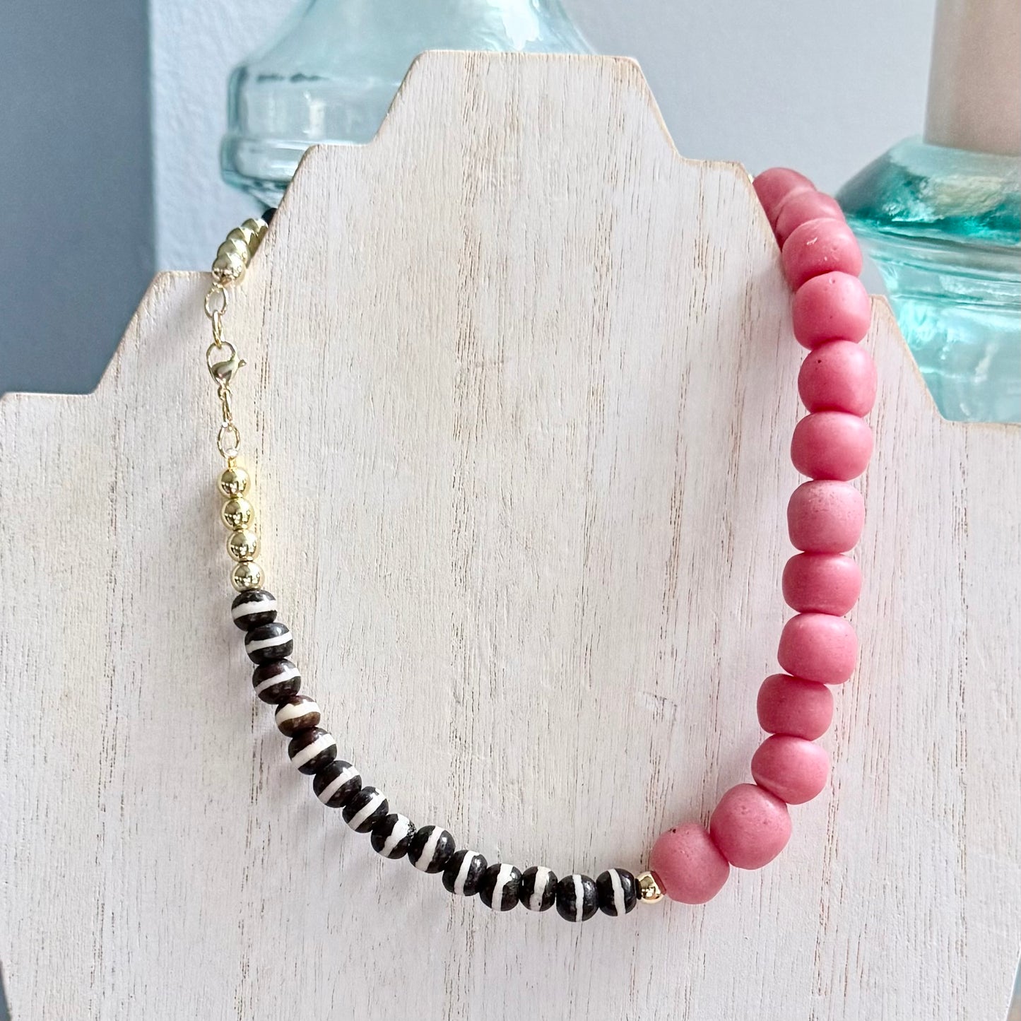 Sea Glass and Bone Bead Necklace w/ Gold Accents