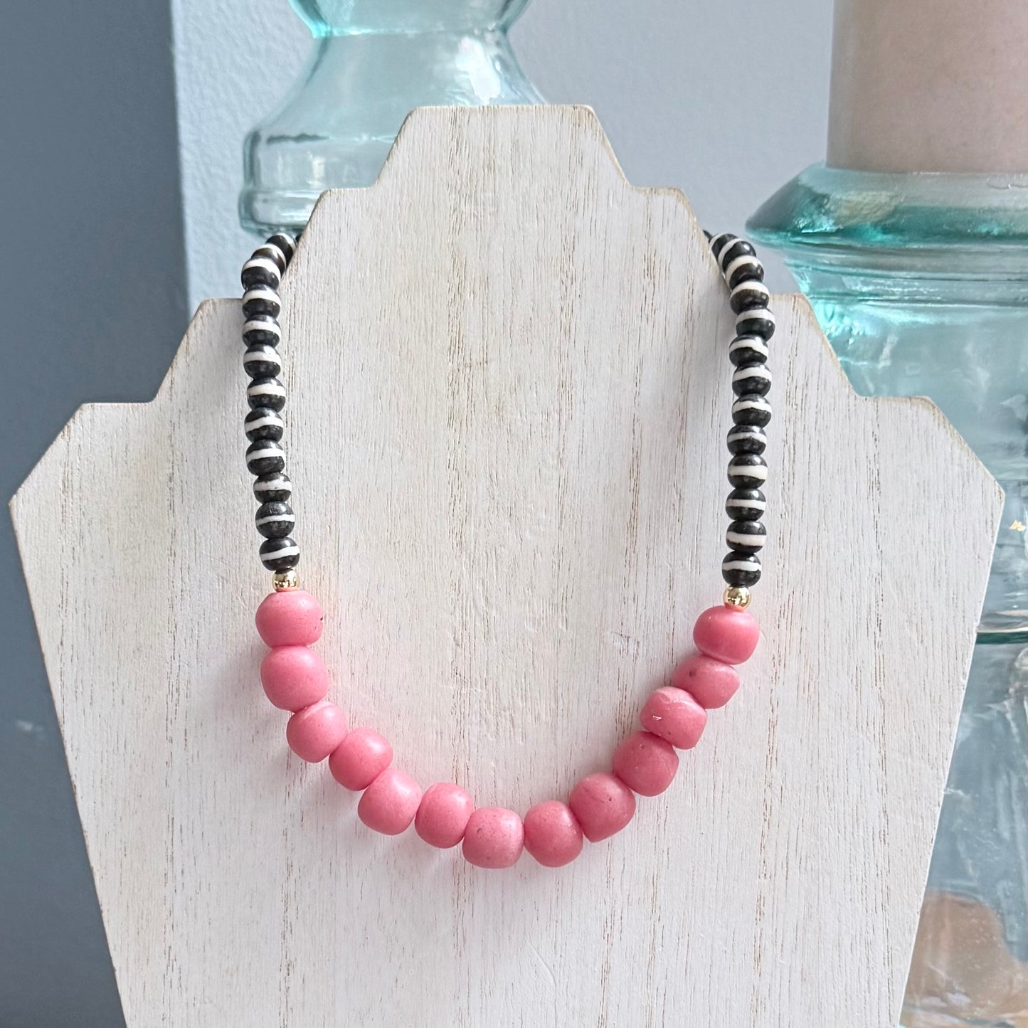 Sea Glass and Bone Bead Necklace w/ Gold Accents