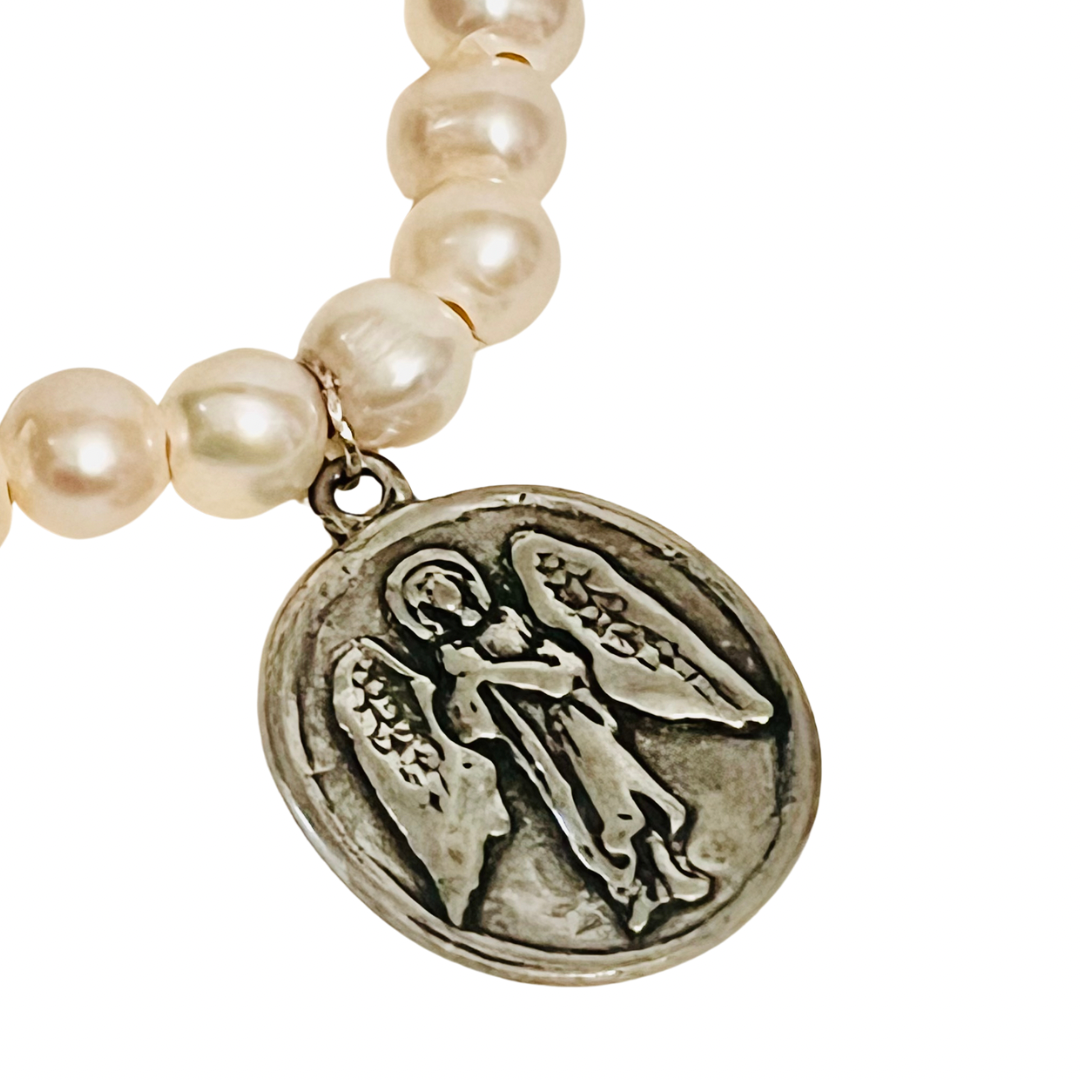 Pearl Bracelet w/ Pewter St. Michael’s Medal