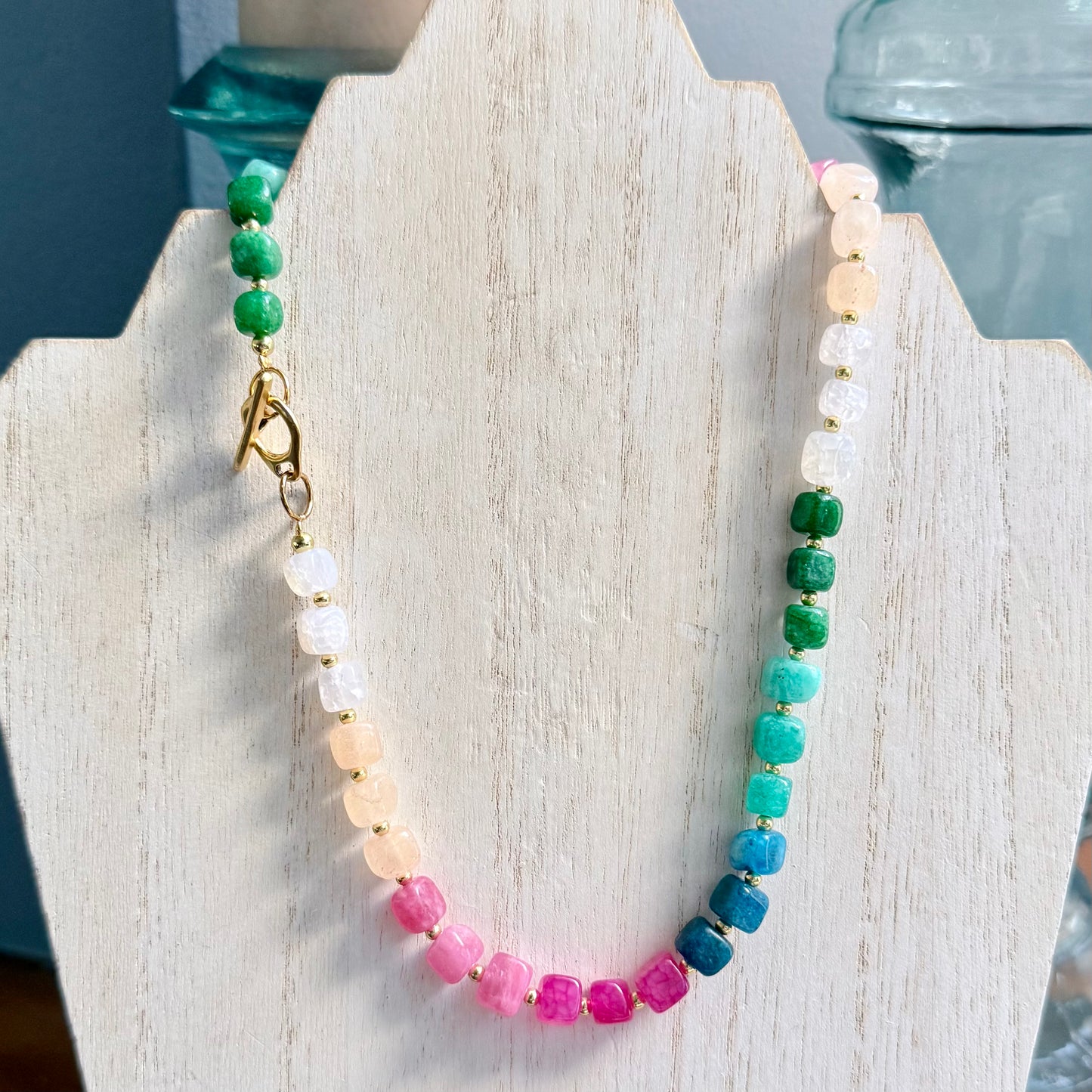 Multi-Colored Natural Stone Necklace with Gold Necklace