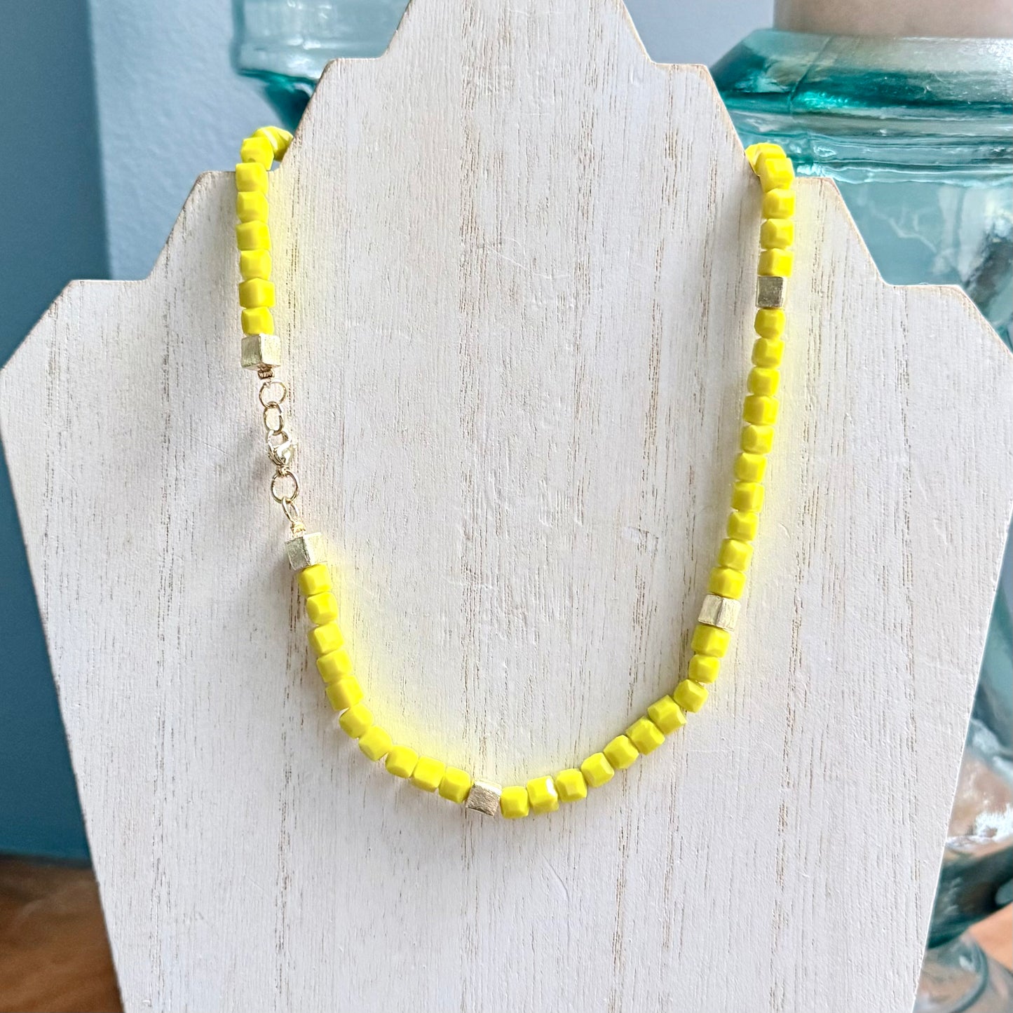 Squared Yellow Glass Beads w/ Gold Accents