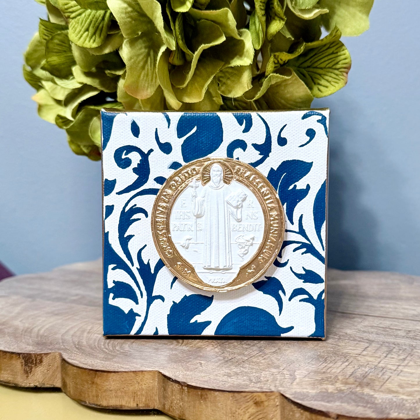 St. Benedict on Painted Blue and White Canvas