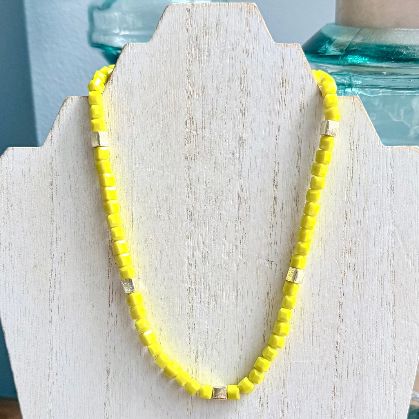 Squared Yellow Glass Beads w/ Gold Accents