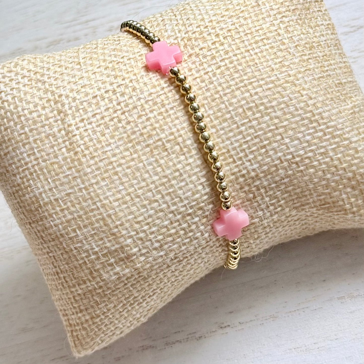 Gold-Filled Beaded Bracelet w/ Pink Crosses
