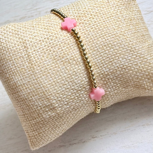 Gold-Filled Beaded Bracelet w/ Pink Crosses