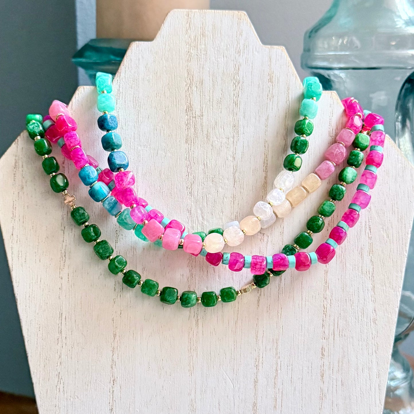 Natural Green Stone Necklace with Gold-Filled Crosses