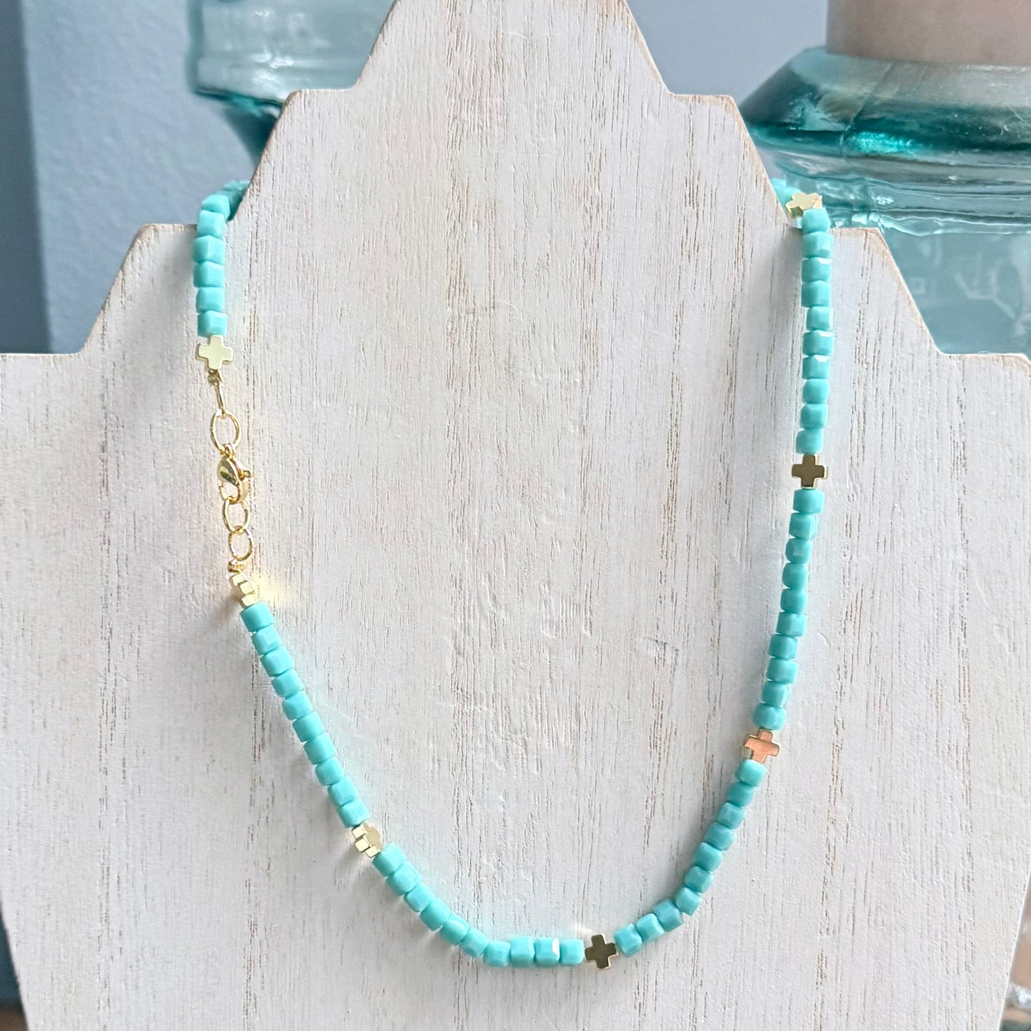 Turquoise Glass Beaded Necklace with Cross Accents