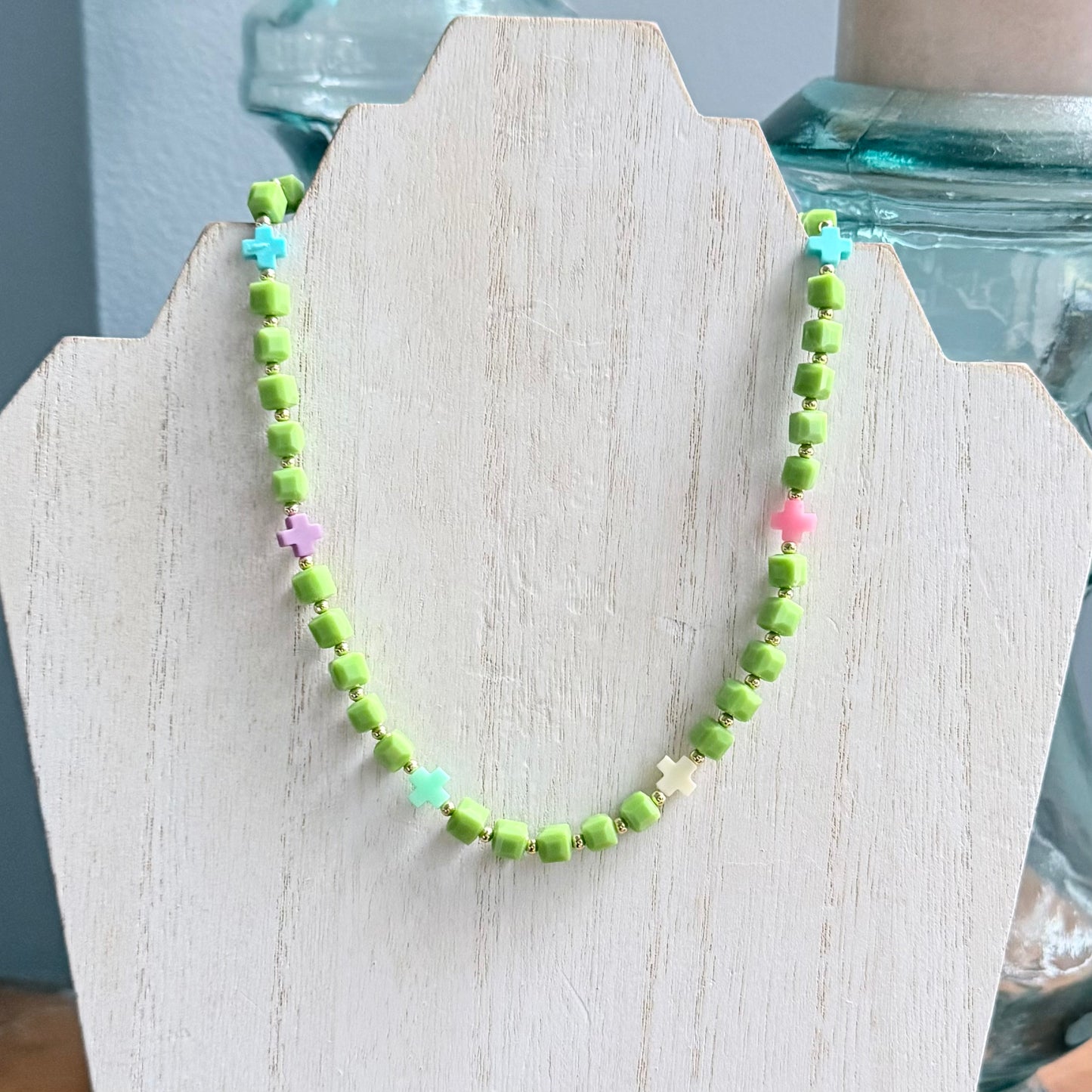 Green Glass Beaded Necklace w/ Multi-Colored Cross Accents