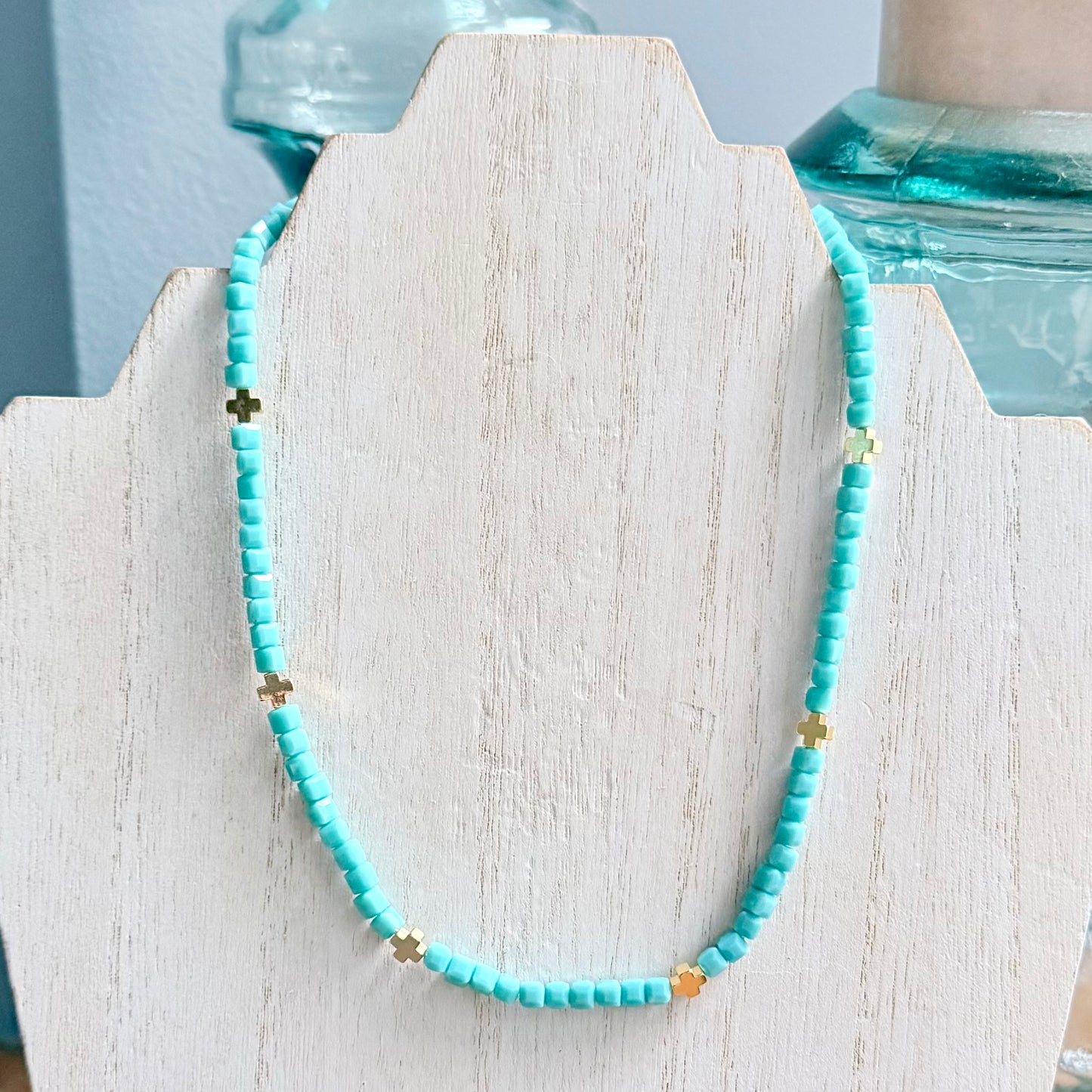 Turquoise Glass Beaded Necklace with Cross Accents