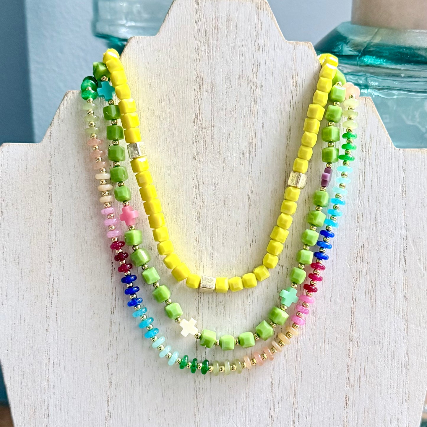 Green Glass Beaded Necklace w/ Multi-Colored Cross Accents