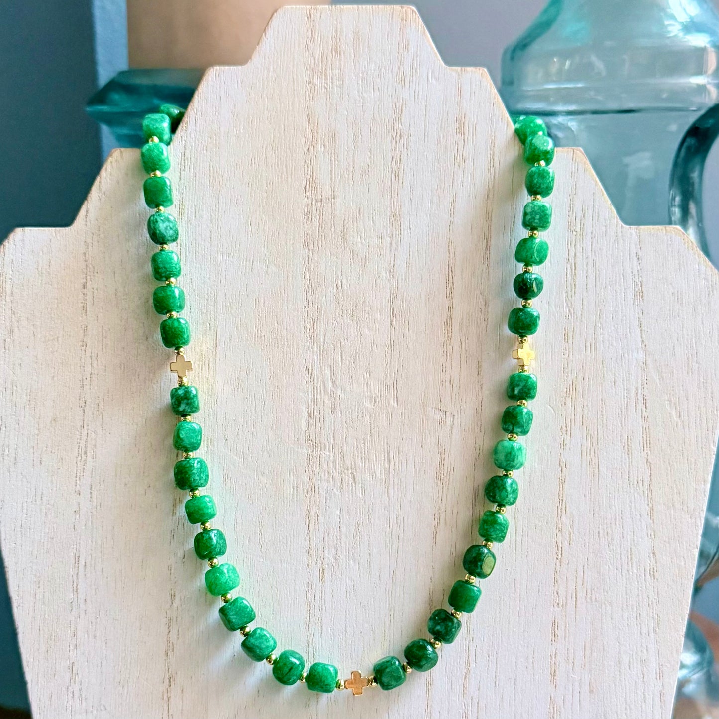 Natural Green Stone Necklace with Gold-Filled Crosses