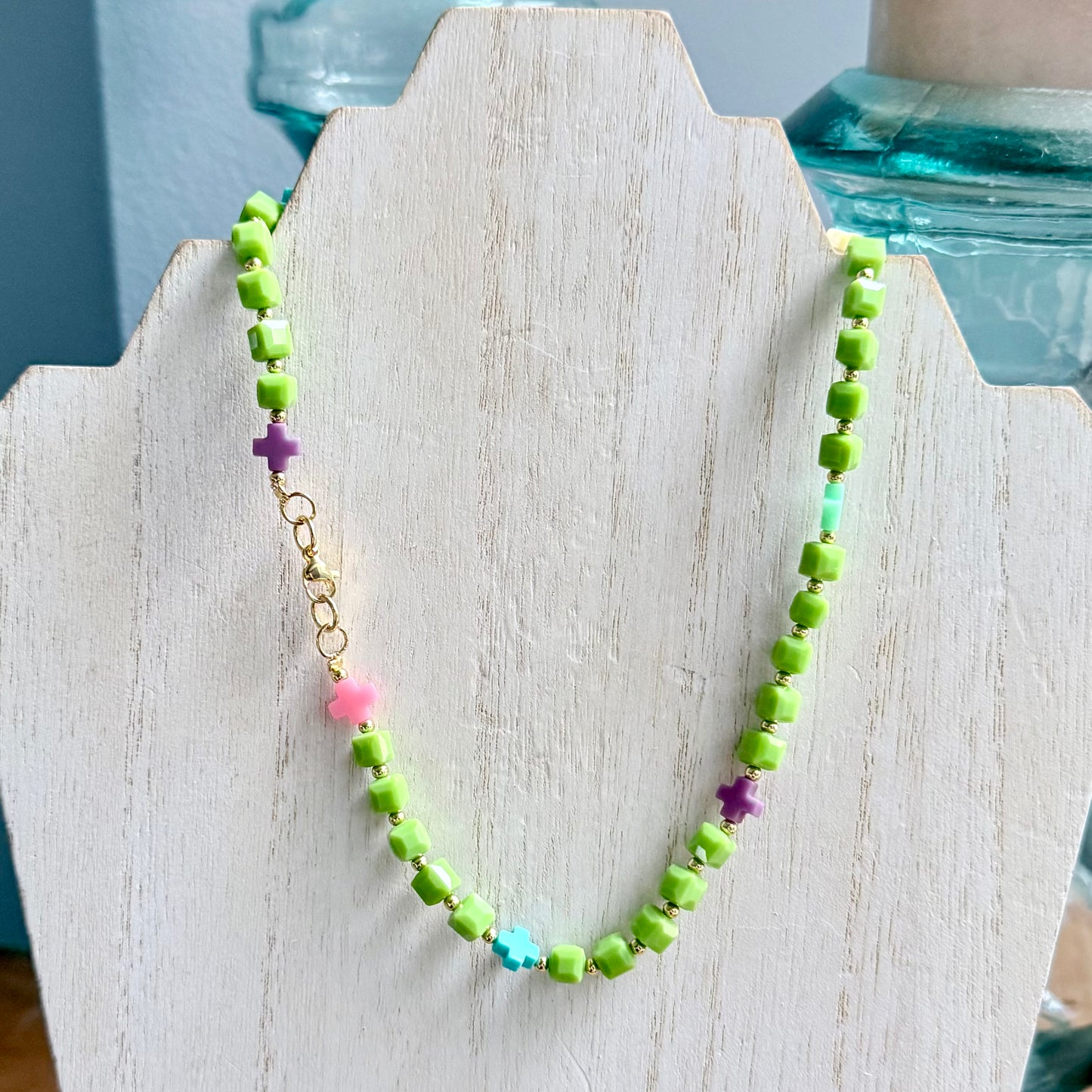 Green Glass Beaded Necklace w/ Multi-Colored Cross Accents