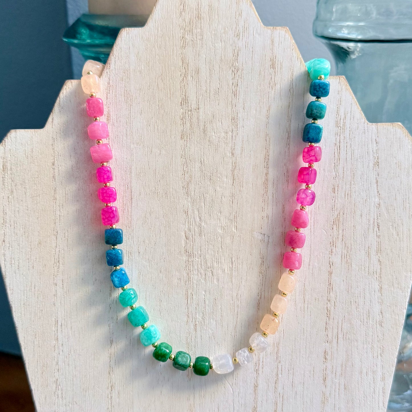 Multi-Colored Natural Stone Necklace with Gold Necklace