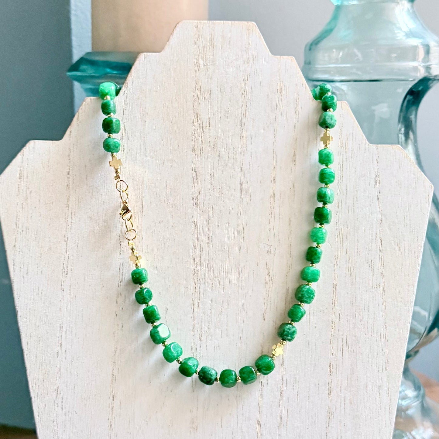 Natural Green Stone Necklace with Gold-Filled Crosses