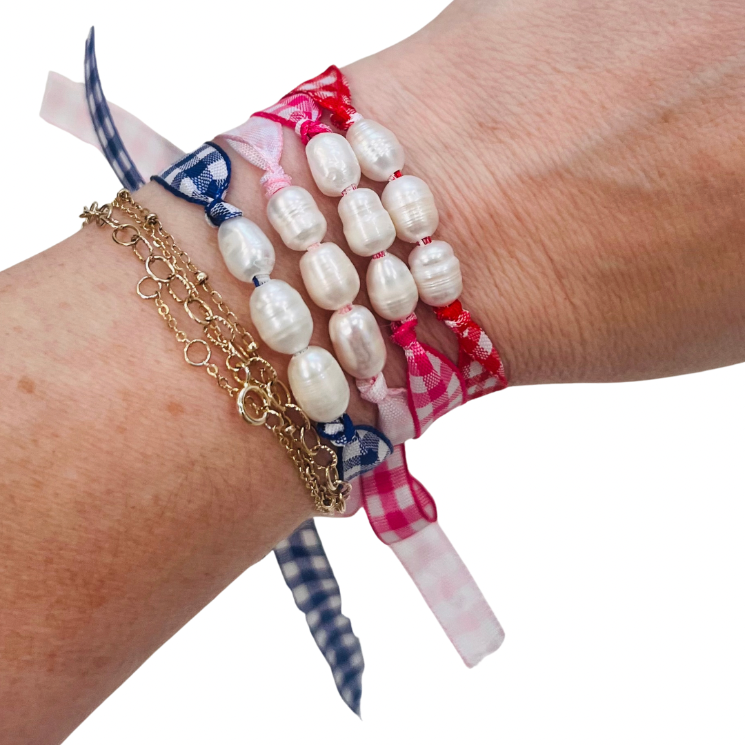 Shabby Chic Ribbon Bracelet w/ Rice Pearls